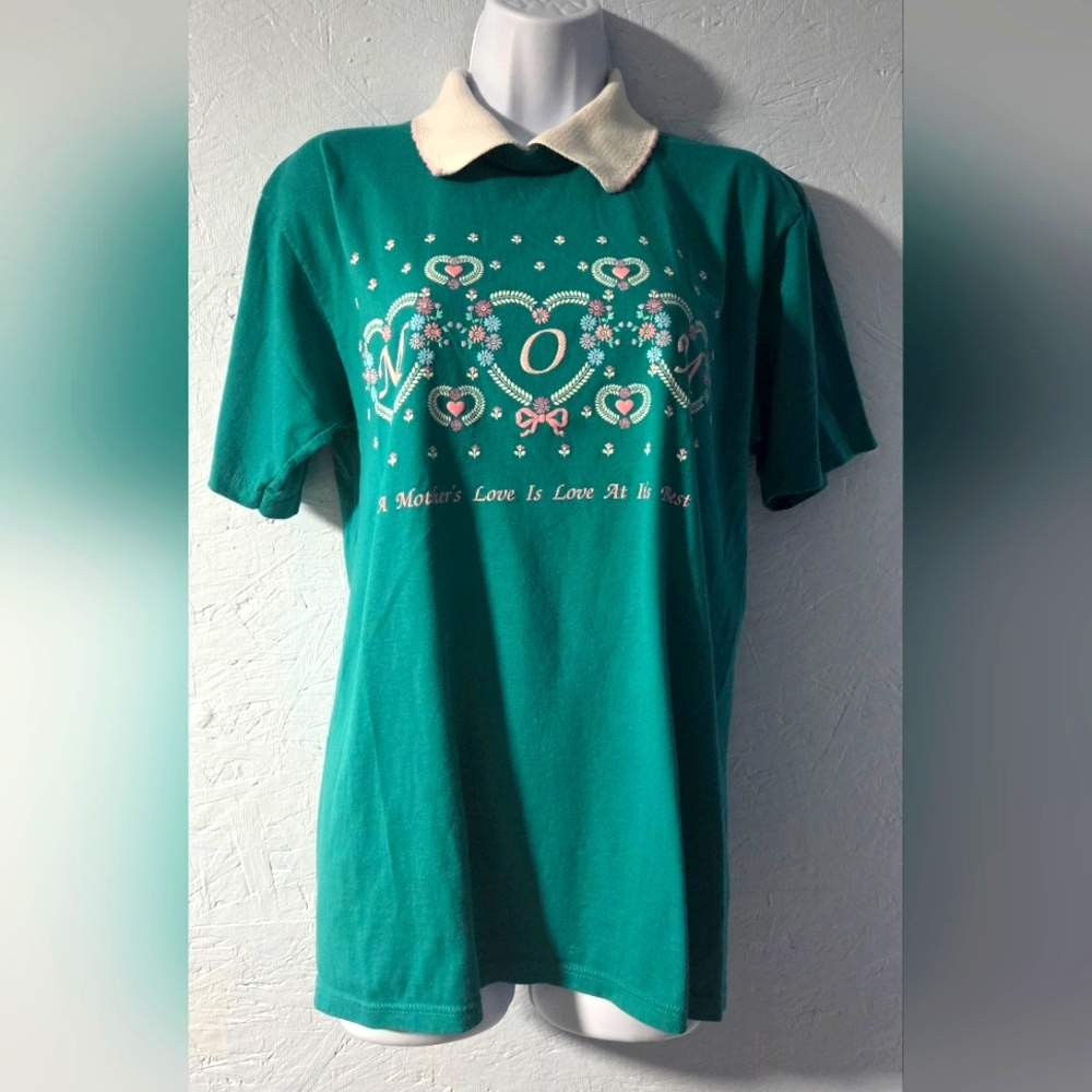 Vintage 80s Jerzees Teal 'Mom' Tee With Polo Collar - Medium